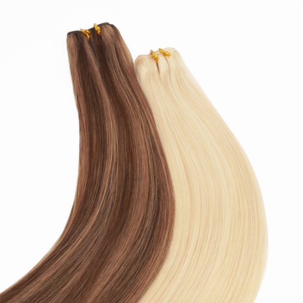 single piece clip in hair extensions in both blonde and brown